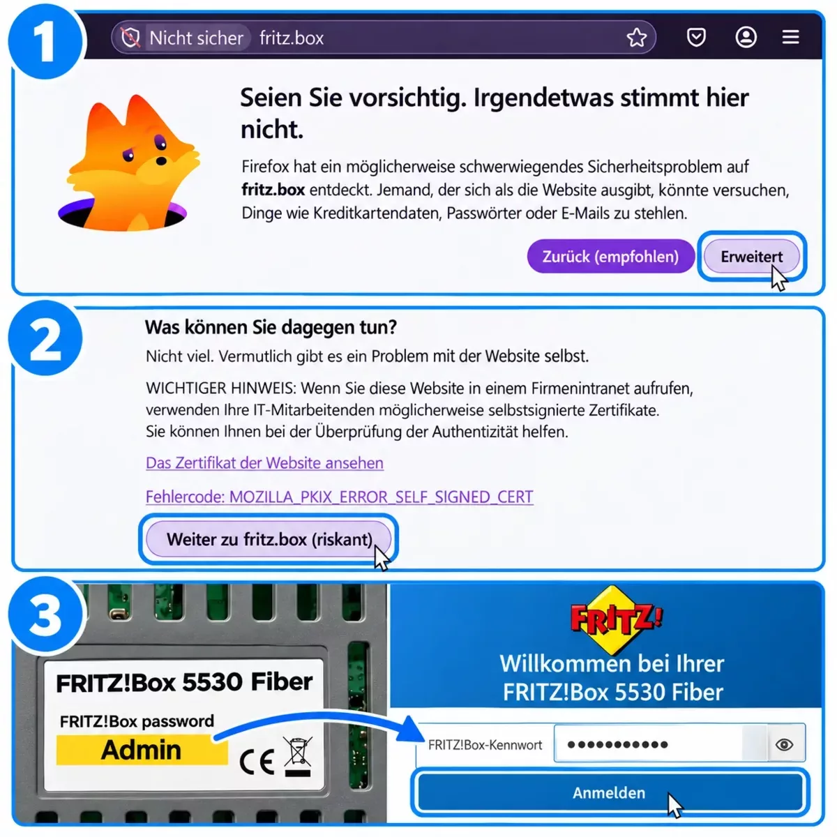 Von der Zertifikatswarnung zur FRITZ!Box-Anmeldung mit dem Kennwort von der Router-Unterseite