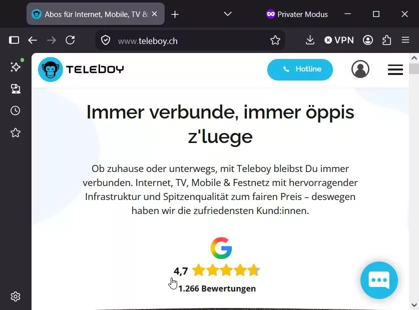 Teleboy-Webseite im Browser zur Prüfung des Internetzugangs