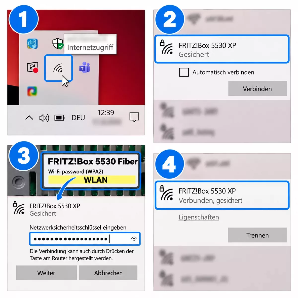 WLAN-Verbindung unter Windows: Netzwerk auswählen, Passwort eingeben und Verbindung bestätigen