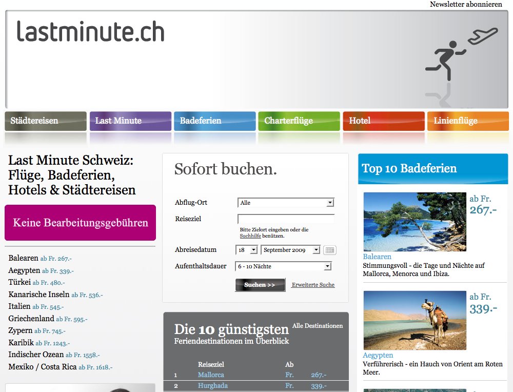 Nach erfolgreichem Anlauf des einjährigen Ferienportals Lastminute.ch soll das Angebot noch besser werden. Redesign, Sprachausbau, Content Ausbau und Suchmaschinen Optimierung des vollautomatischen Ferienportals.