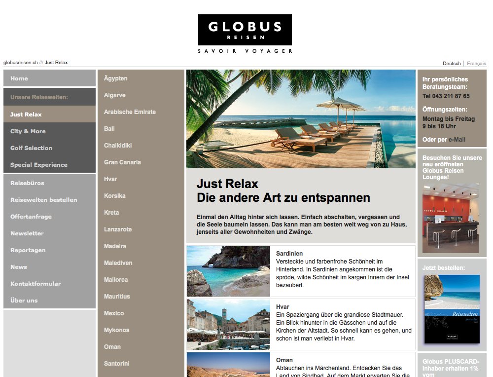 Raffinierter Webauftritt für Globus-Reisen. Extrem rasche Ladezeiten sowie eine gute Informationsarchitektur standen im Vordergrund. - 3