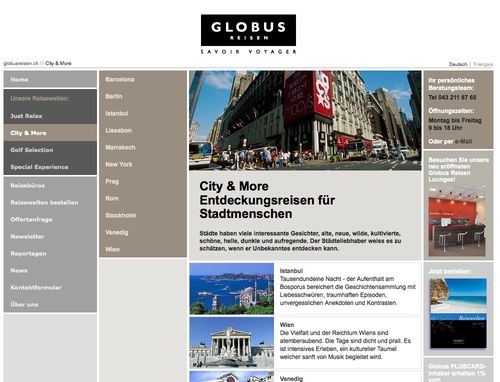 Globus-Reisen.ch Reisewebsite mit RIO CMS