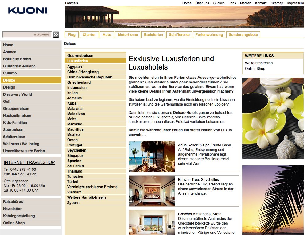 Redesign von Kuoni.ch inkl. Erstellung von weiteren Reise Themen Websites. Basis ist unser multisite fähiges RIO CMS mit Anbindung an diverse interne Systeme.