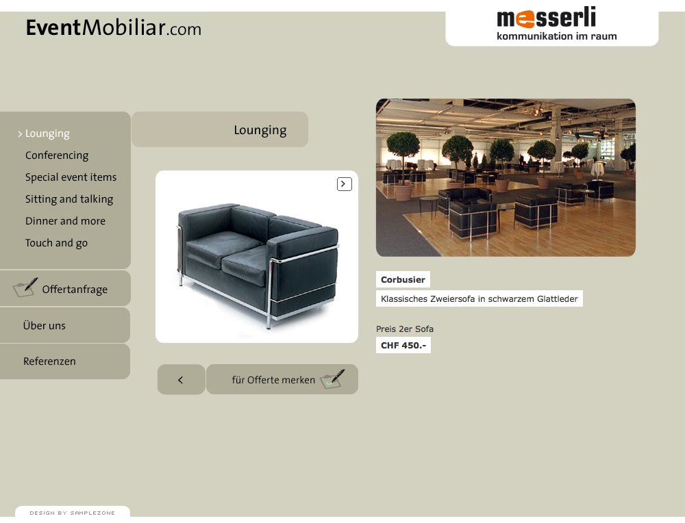 Designer Mobiliar mieten für einen erfolgreichen Event. Design, Usability und Programmierung durch SampleZone. - 2