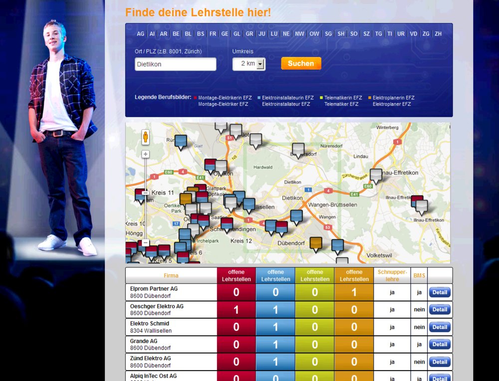 Interaktiver Lehrstellenfinder für Elektriker Lehrstellen der ganzen Schweiz. Umsetzung für den Verband VSEI. - 2