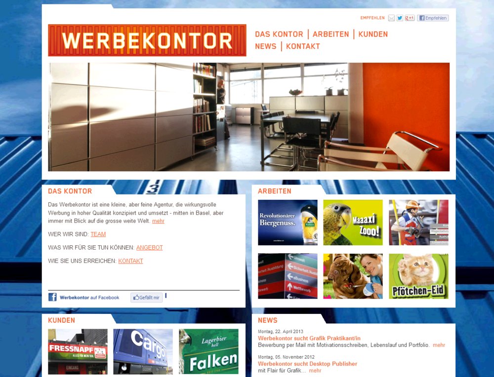 Umsetzung Webdesign von Werbeagentur Webkontor und Integration in Content Management System RIO CMS. Integration von Social Media Komponenten.