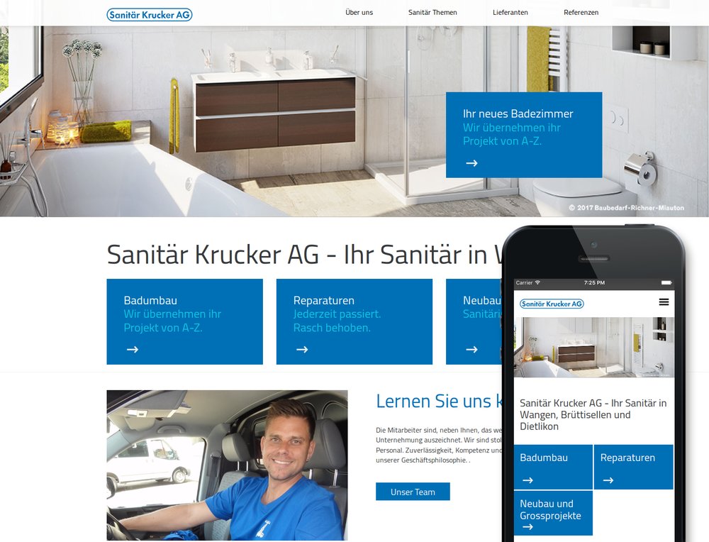 Mobil optimierte Website ersetzt alten Webauftritt eines Sanitärbetriebs. A bis Z Betreuung des Kunden inkl. Inhaltserstellung und -pflege.