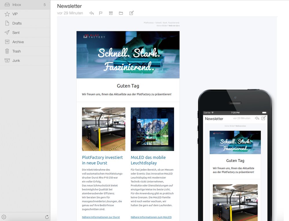 Neugestaltung Newsletter-Template nach Website-Redesign. Responsive Design für saubere Darstellung auch auf Smartphones und Tablets. Komfortabler Newsletter-Versand mit SampleZone Newsletter Tool.